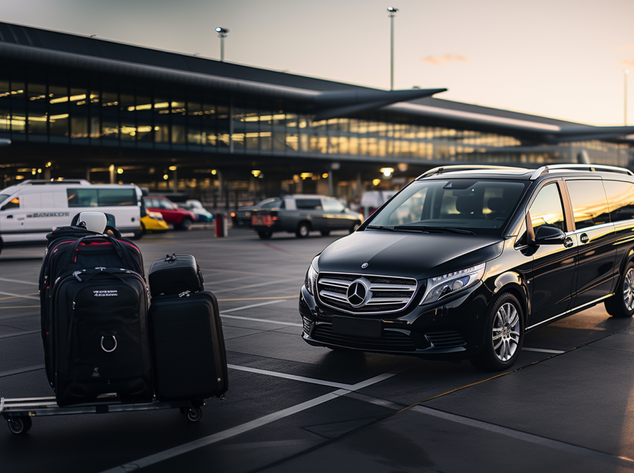 Black Mercedes V-Class providing business-class transportation at Tashkent Airport